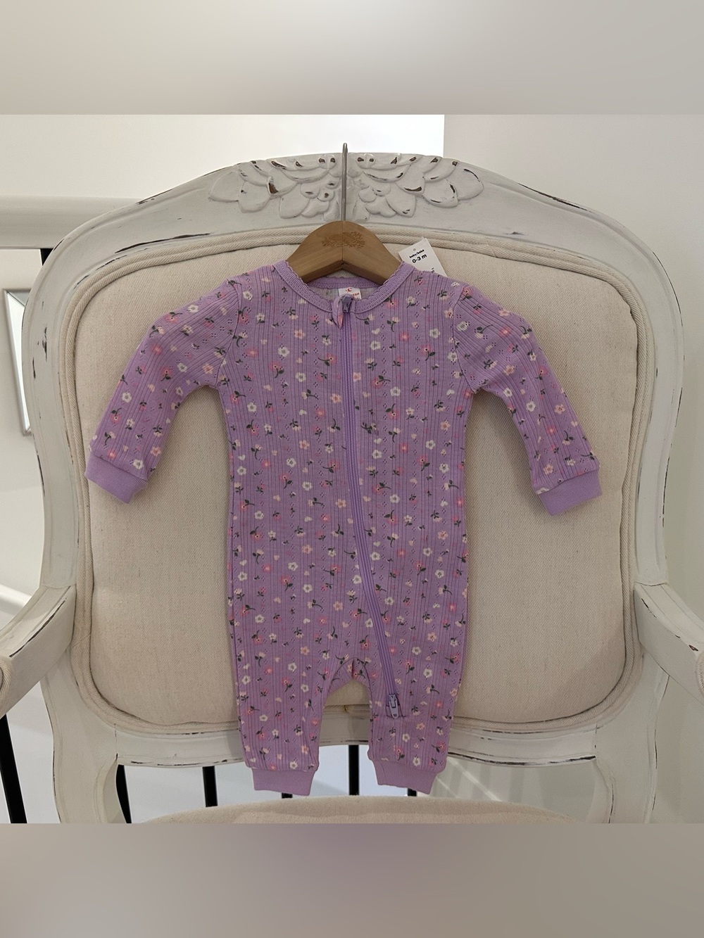 🤍 0~3 Mth Lilac Floral Hearts Zip-Front Kids One-Piece Cotton Pointelle Knit NWT